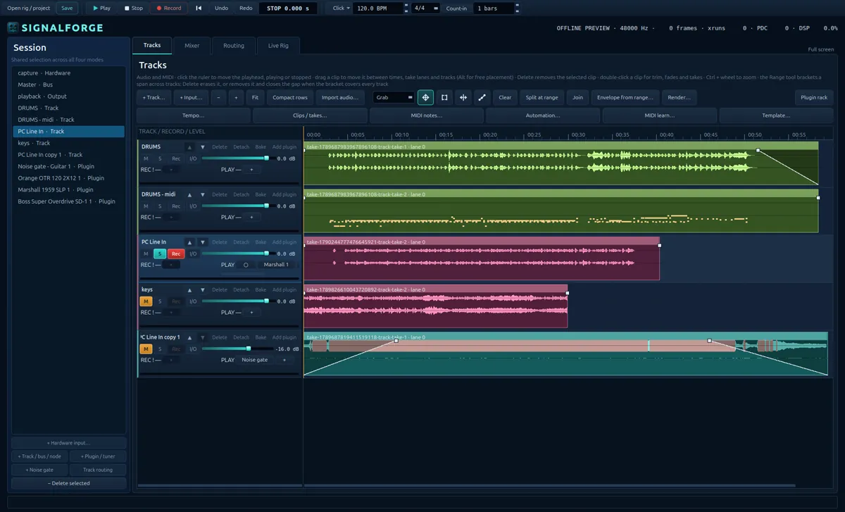 SignalForge Tracks view with the shared Session panel, transport, editing tools, track controls, audio waveforms and MIDI notes on the timeline.