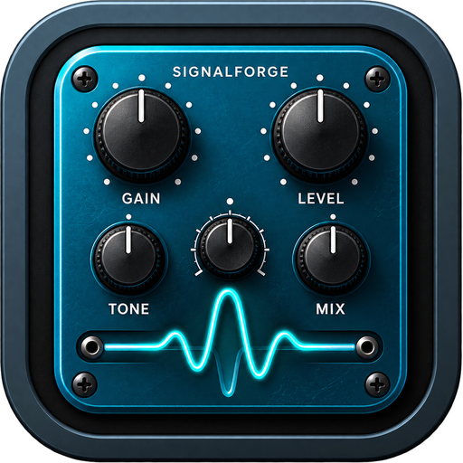 SignalForge: a dark blue panel with four black knobs labelled Gain, Level, Tone and Mix, and a glowing cyan waveform running across the bottom between two jack sockets.