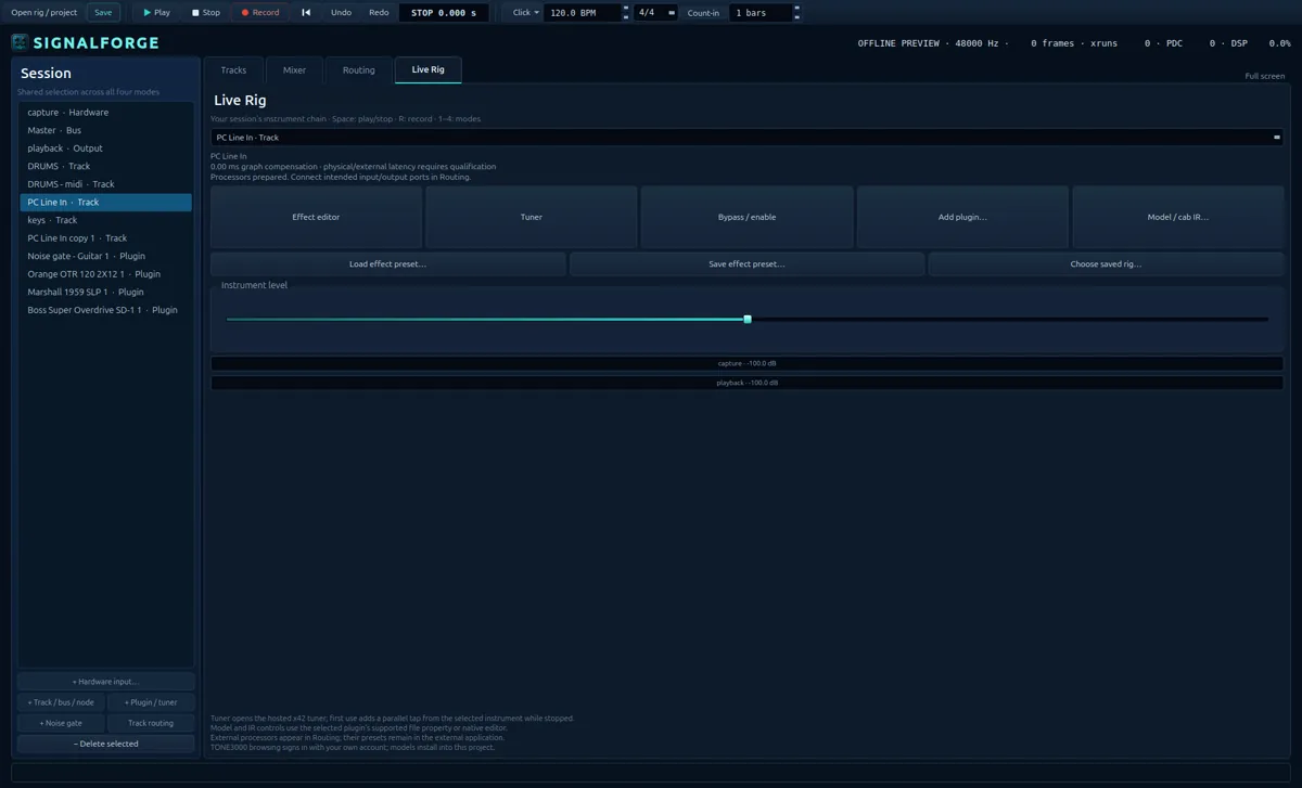 SignalForge Live Rig mode with the selected node, effect editor, tuner, bypass, Add plugin, model and cab IR controls, effect preset controls and instrument level.